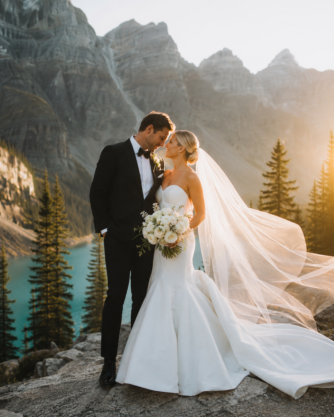 Couple at sunset above a turquoise Rocky Mountain lake
