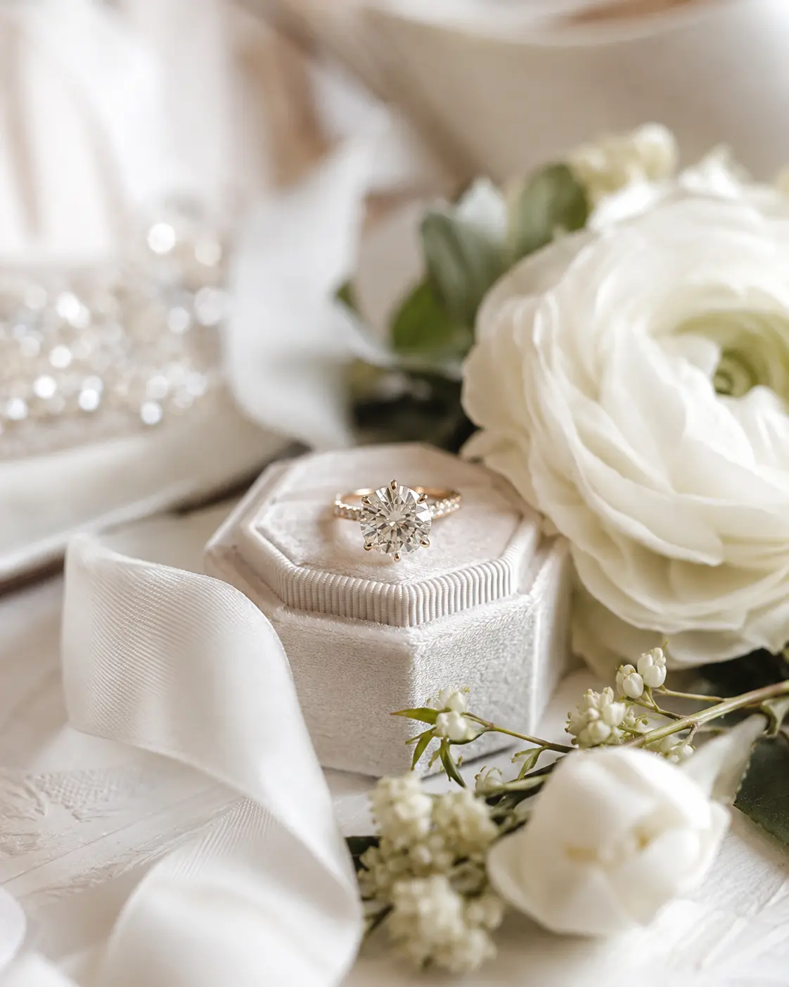 Diamond engagement ring in a velvet box with white roses