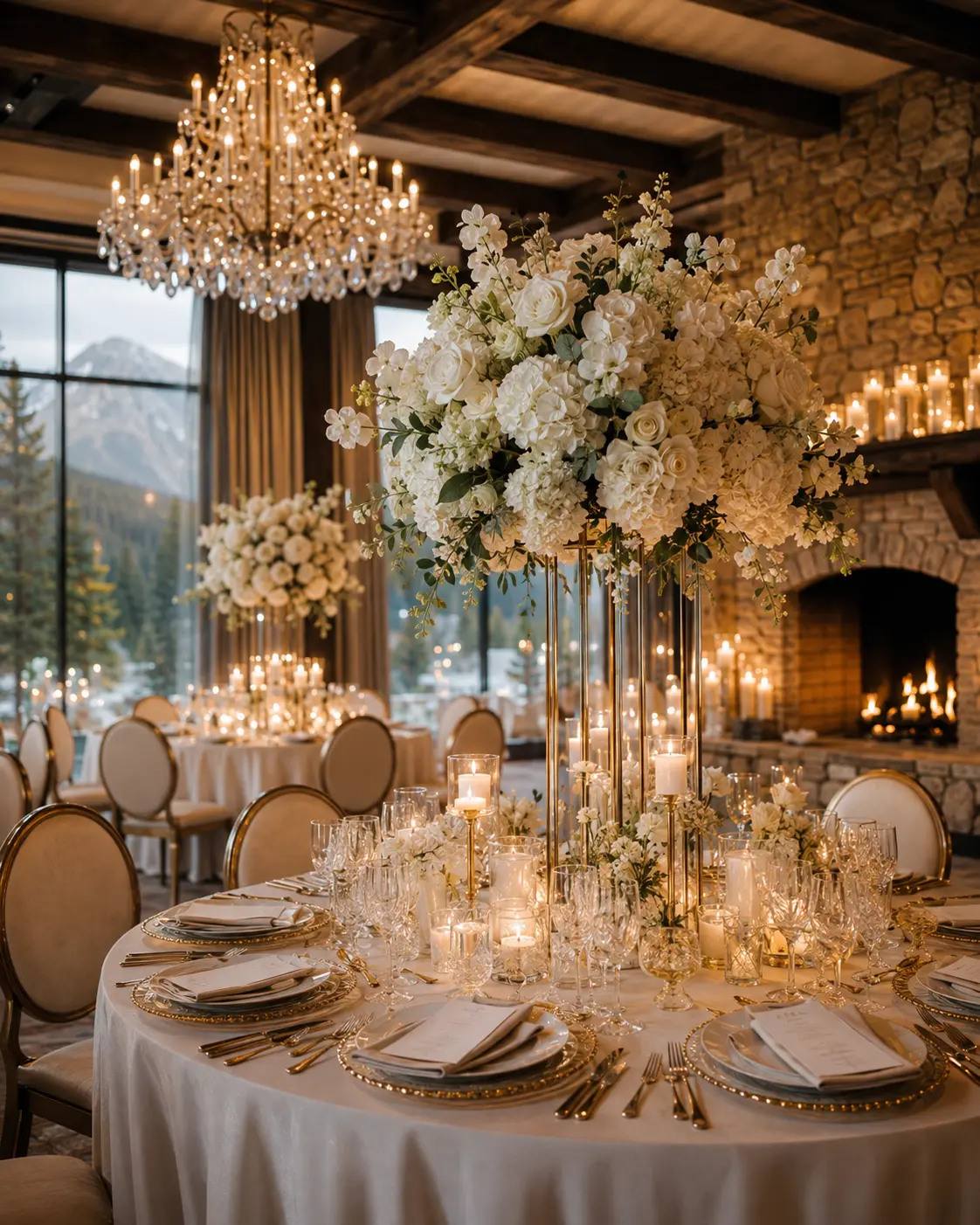 Candlelit lodge reception with mountain views and chandeliers
