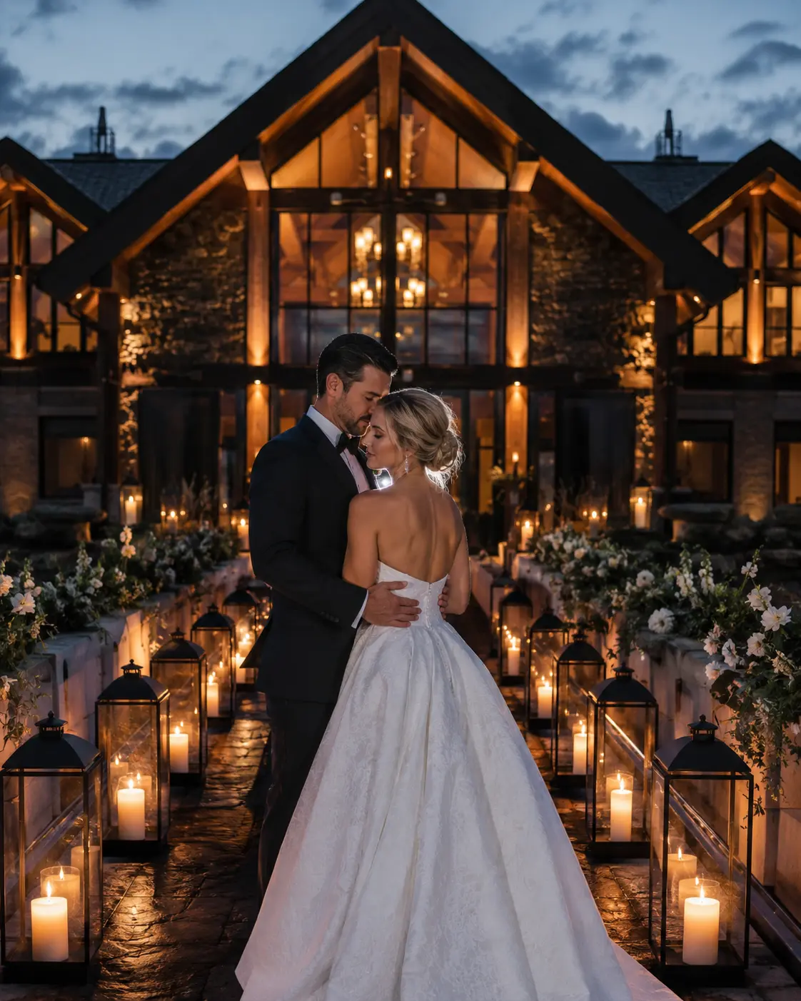 Couple embracing in a lantern-lit mountain lodge aisle