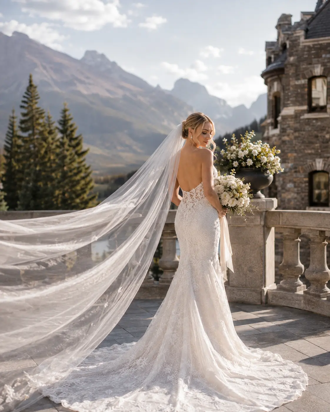 Bride on a stone terrace overlooking the Bow Valley
