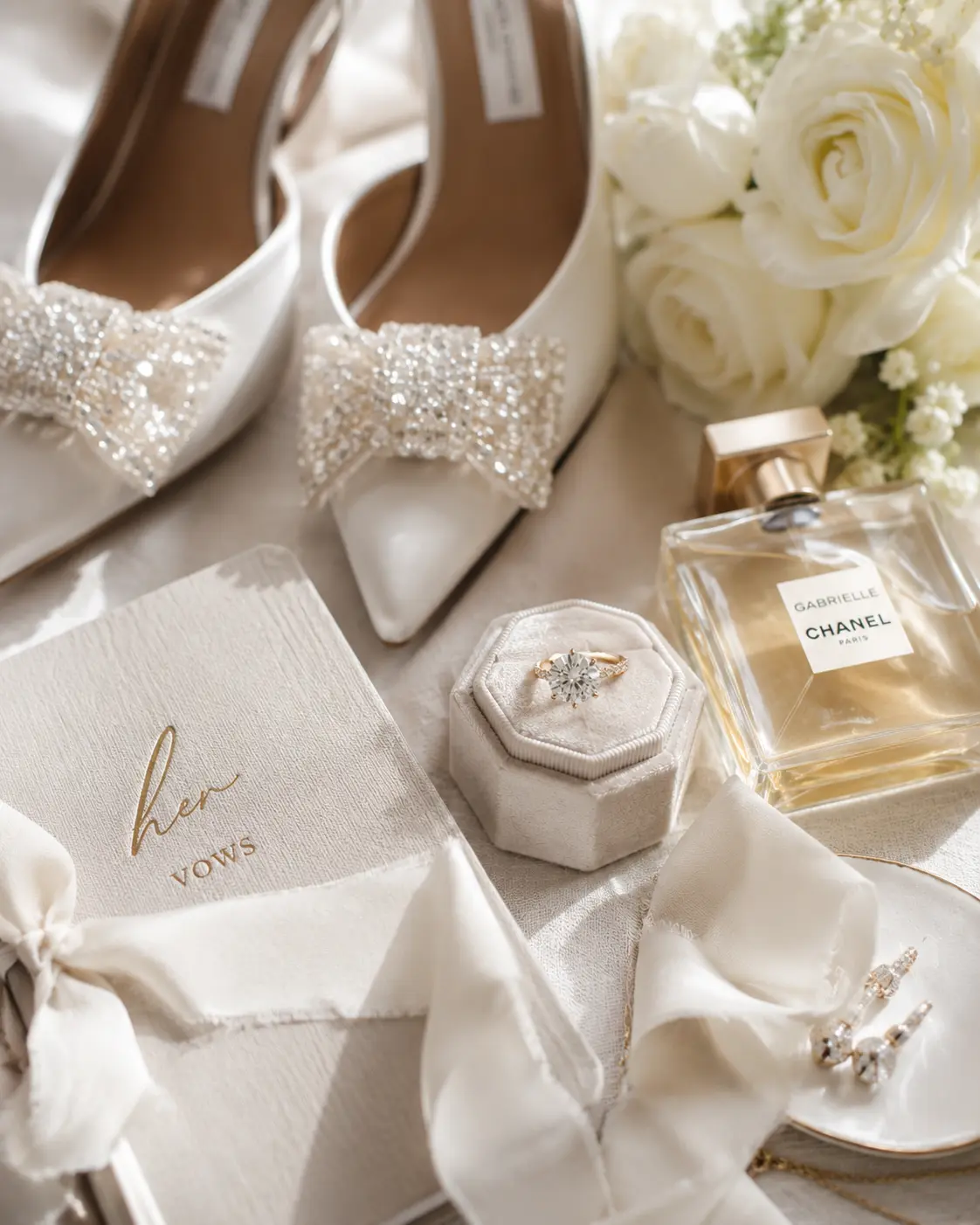 Bridal shoes, perfume, rings and vow book