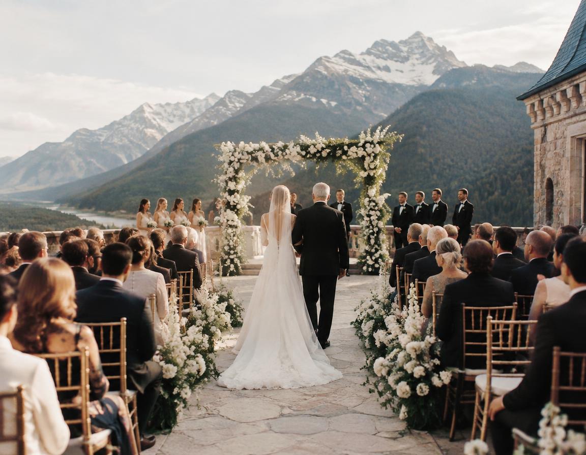 Bride walking down the aisle at a castle terrace ceremony