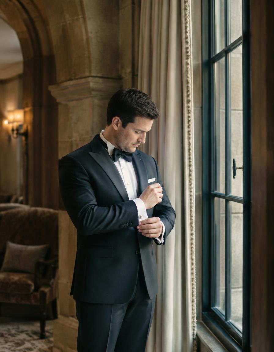 Groom adjusting his cufflinks by a castle window