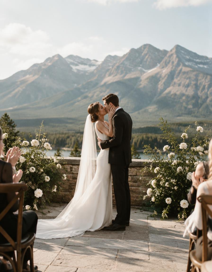 First kiss at a mountain terrace ceremony