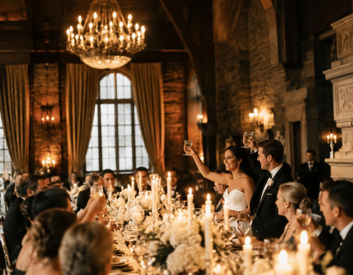 Candlelit reception toast in the castle ballroom