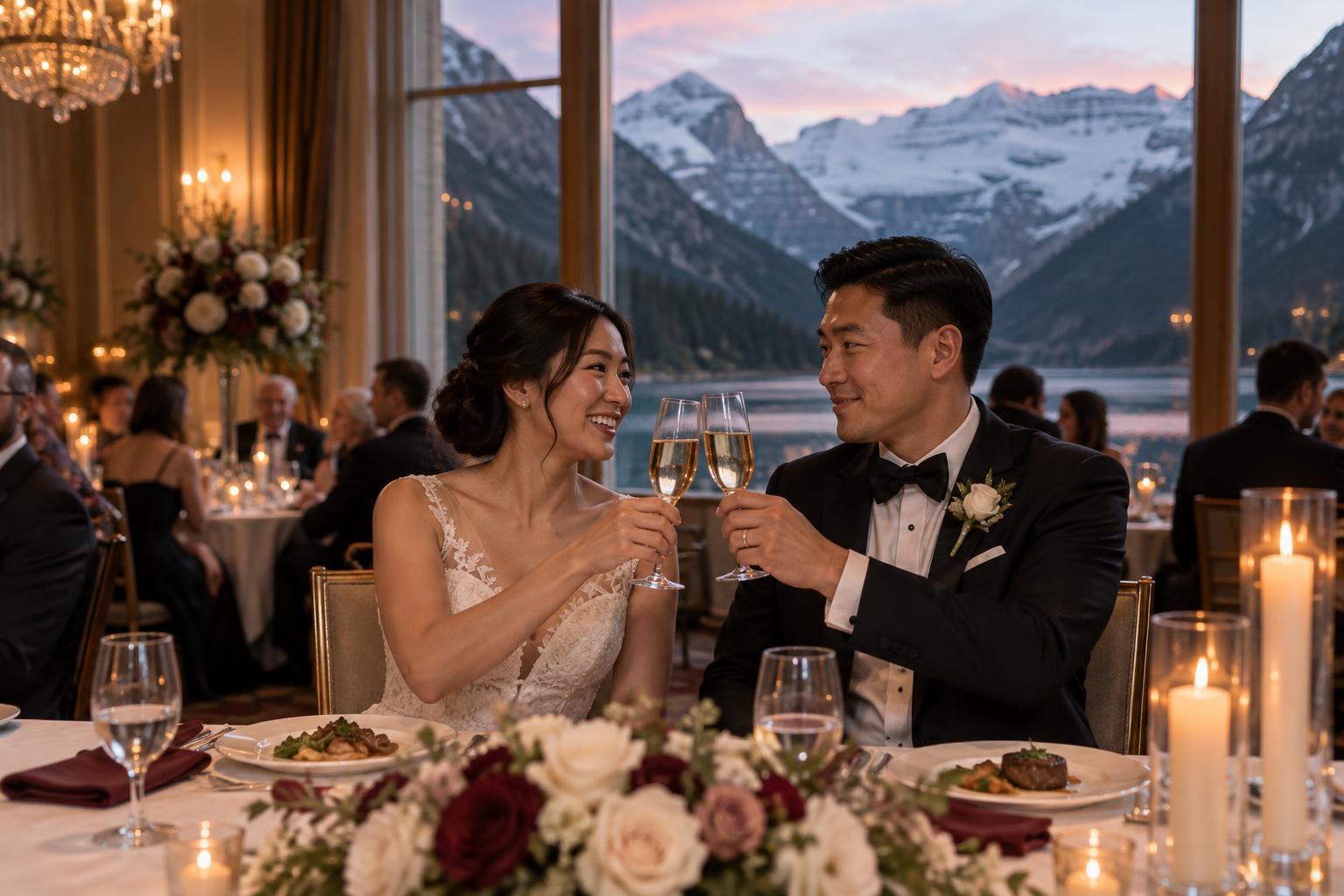 Bride and groom toasting champagne at their banquet table overlooking Lake Louise