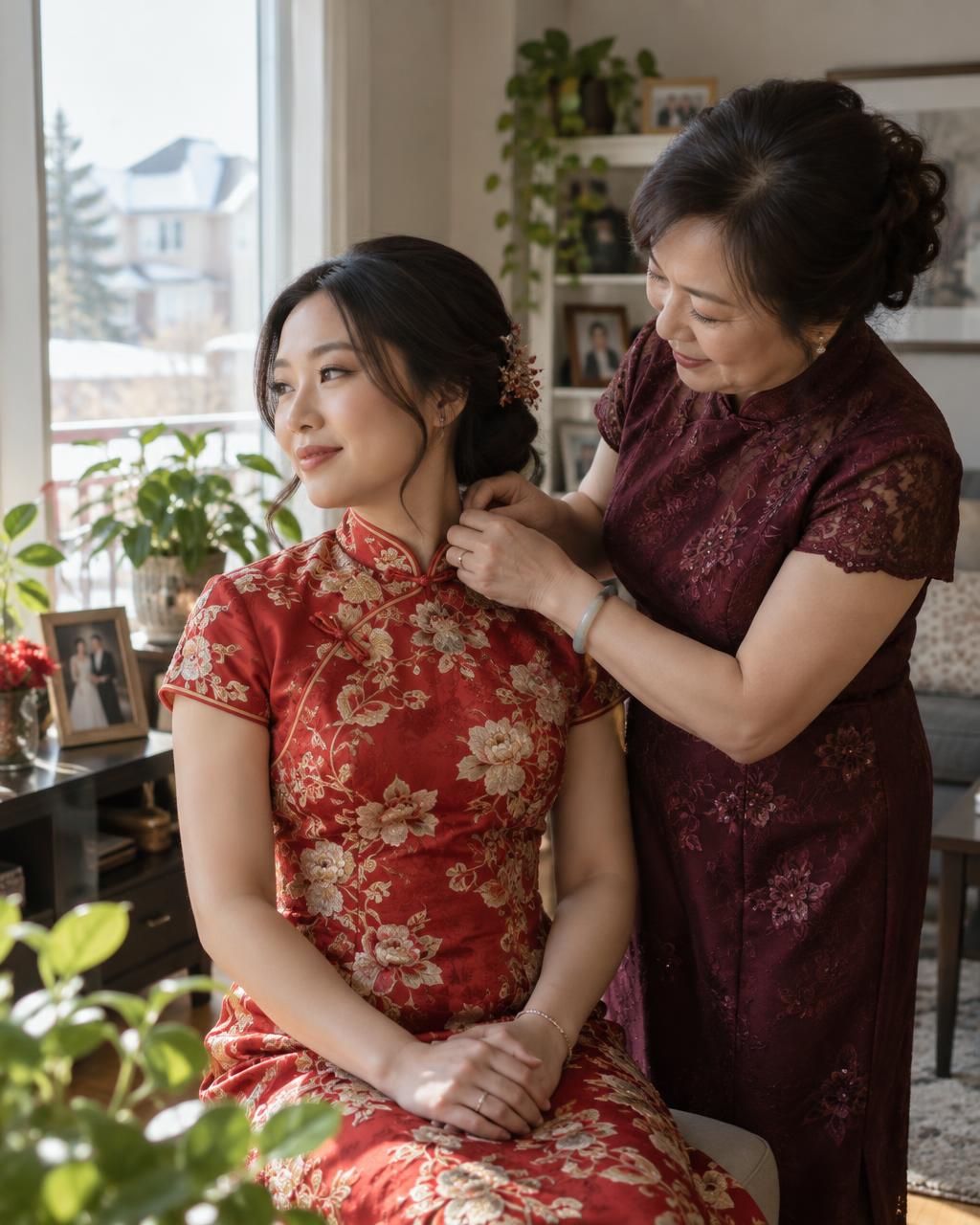 Mother fastening the collar of the bride's red qipao in window light