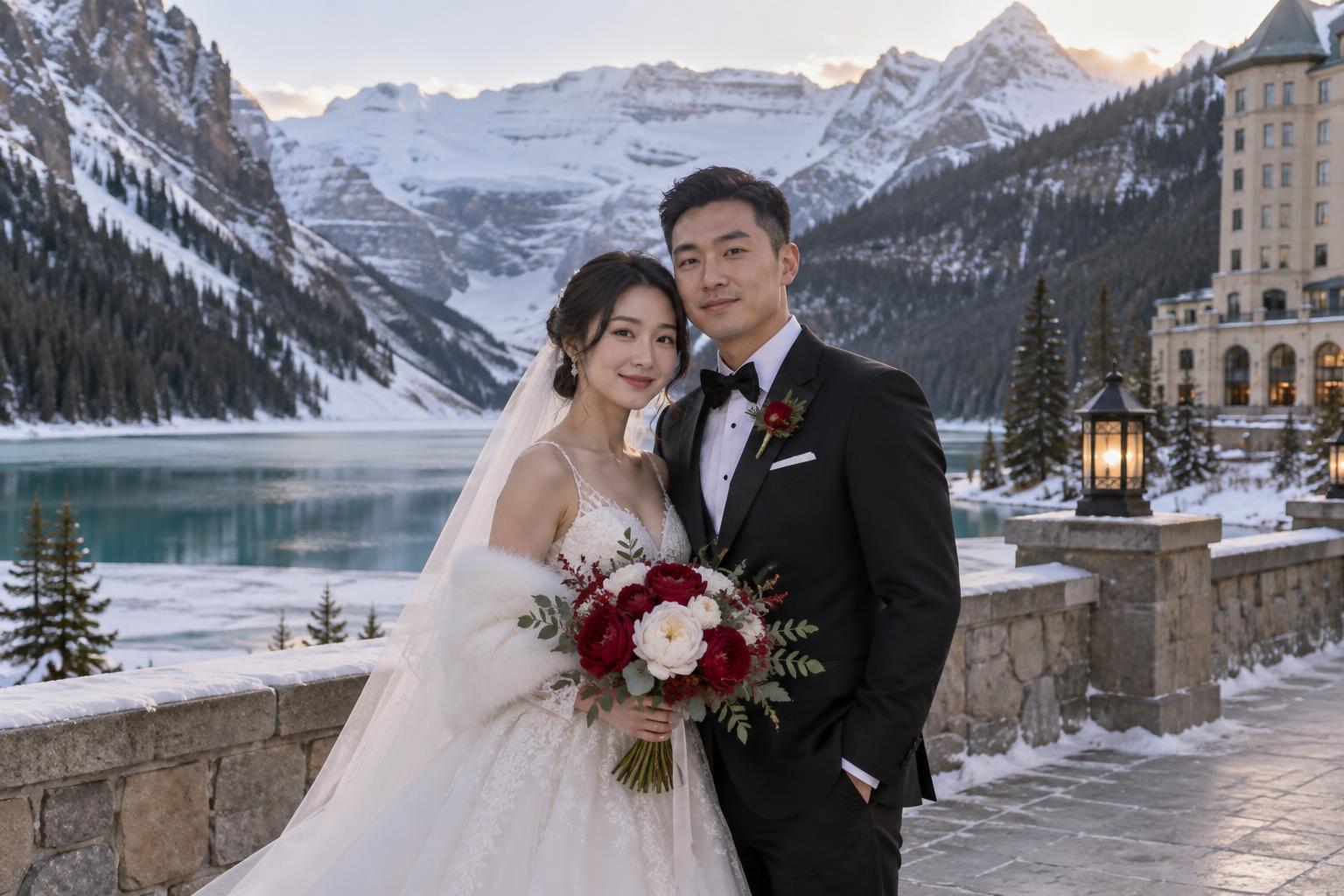 Bride and groom on the snowy lakeside terrace of the Chateau with mountains behind