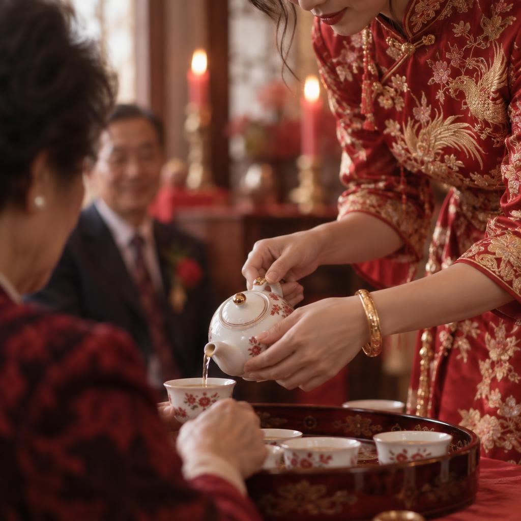 Bride pouring tea for her grandparents from a porcelain teapot