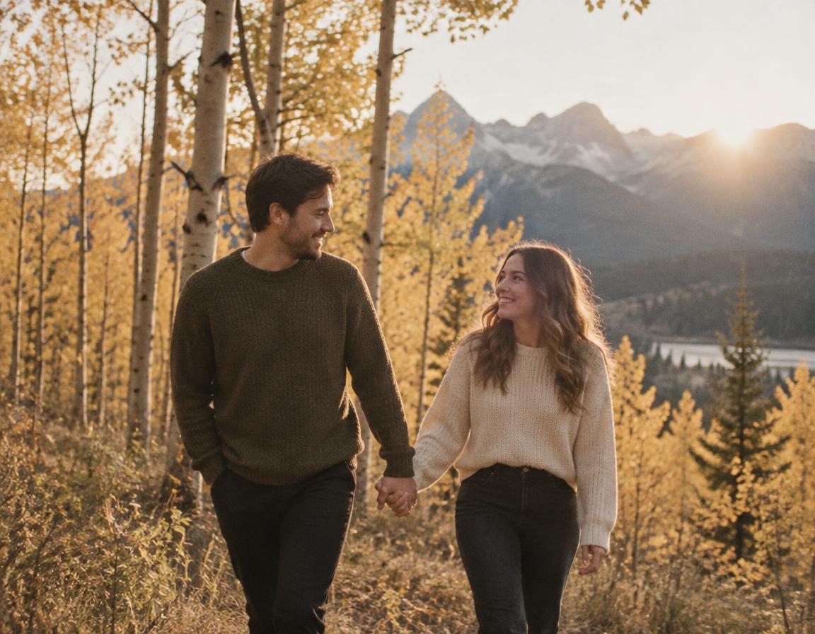 Engaged couple walking through golden aspens in Kananaskis
