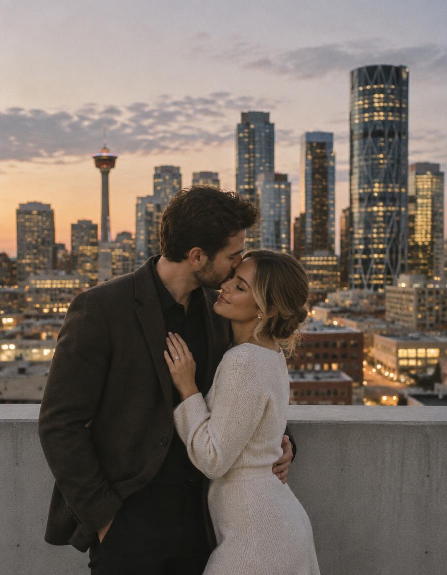 Engaged couple embracing on a rooftop with the Calgary skyline at dusk