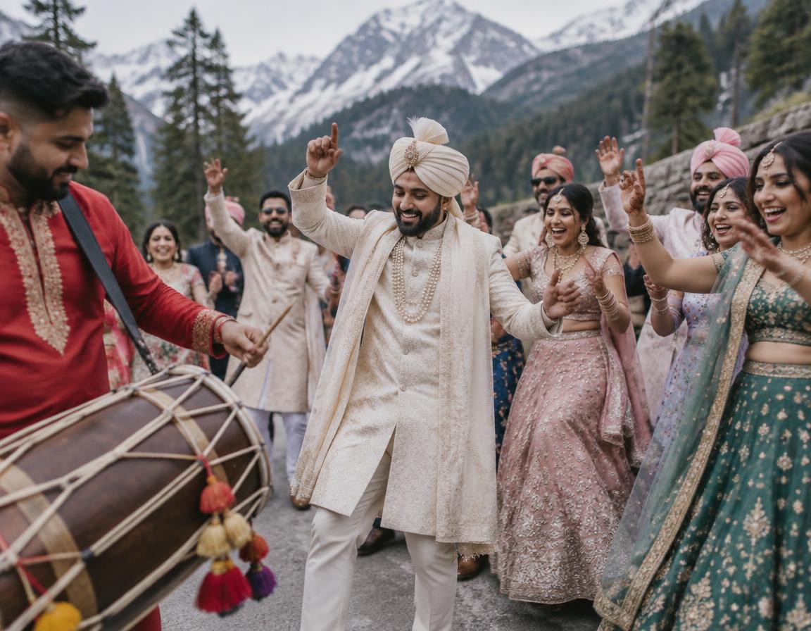 Baraat celebration with dhol drums outside a Canmore lodge