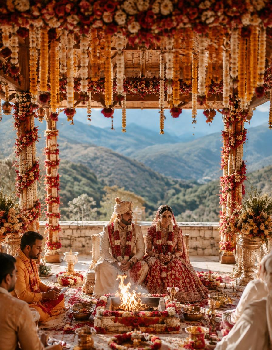 Couple seated beneath a floral mandap during the Hindu ceremony