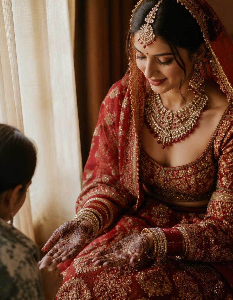 Bride showing her mehndi henna hands in soft window light