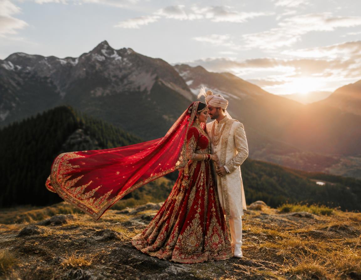 Couple portrait at golden hour with the bride's dupatta flowing