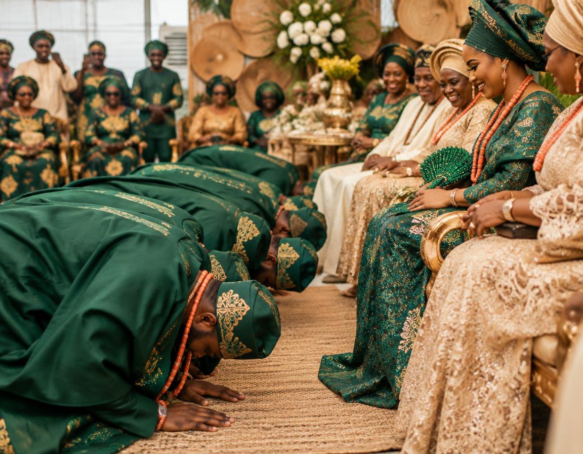 Groom and groomsmen prostrating before the bride's family