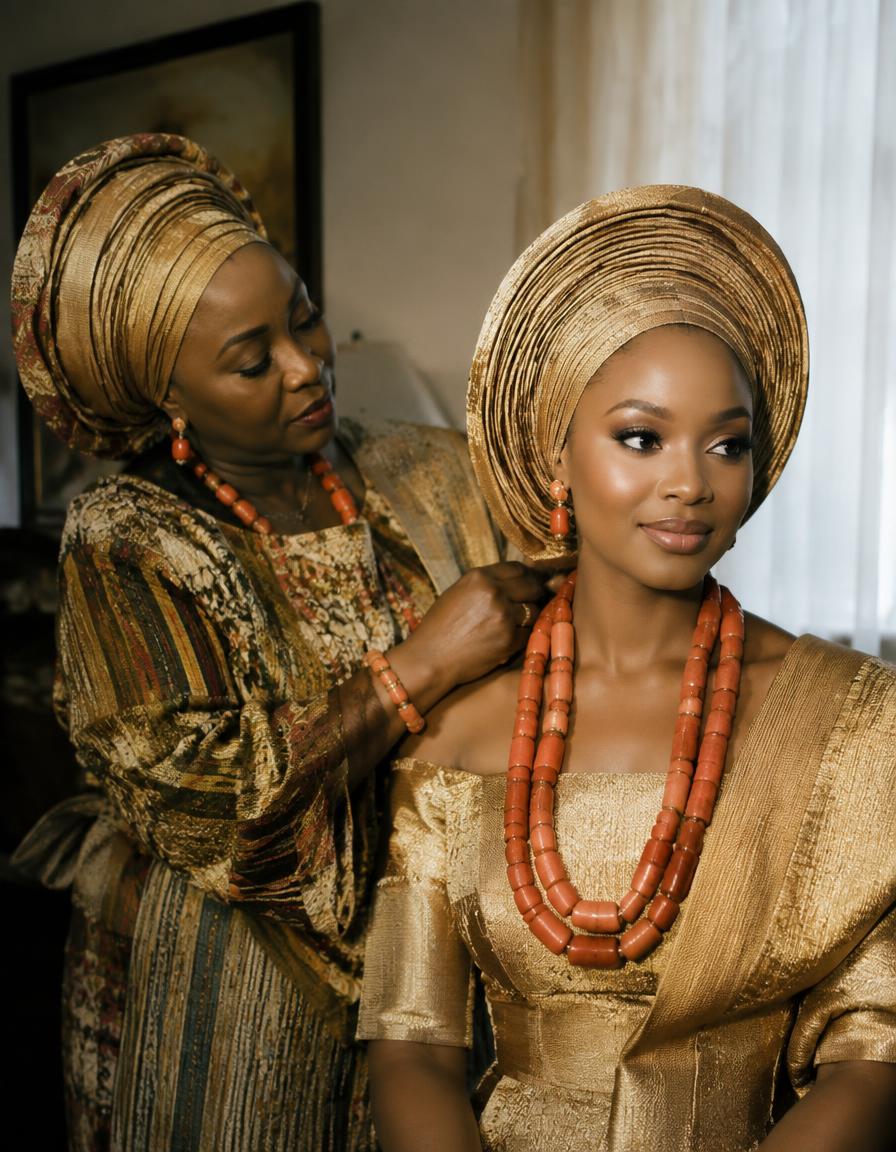 Bride in gold gele and coral beads getting final touches from her mother