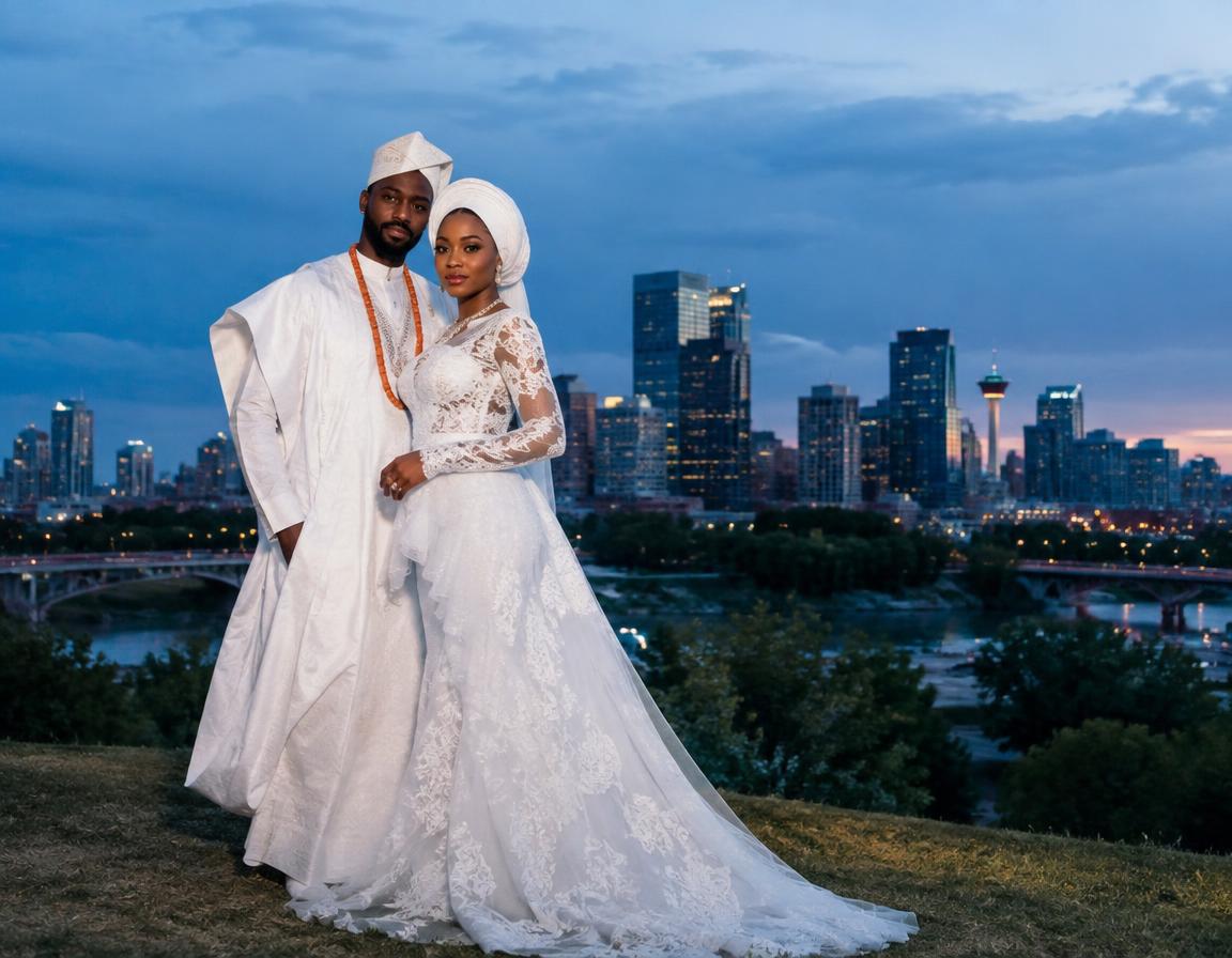 Couple portrait at dusk with the Calgary skyline behind them