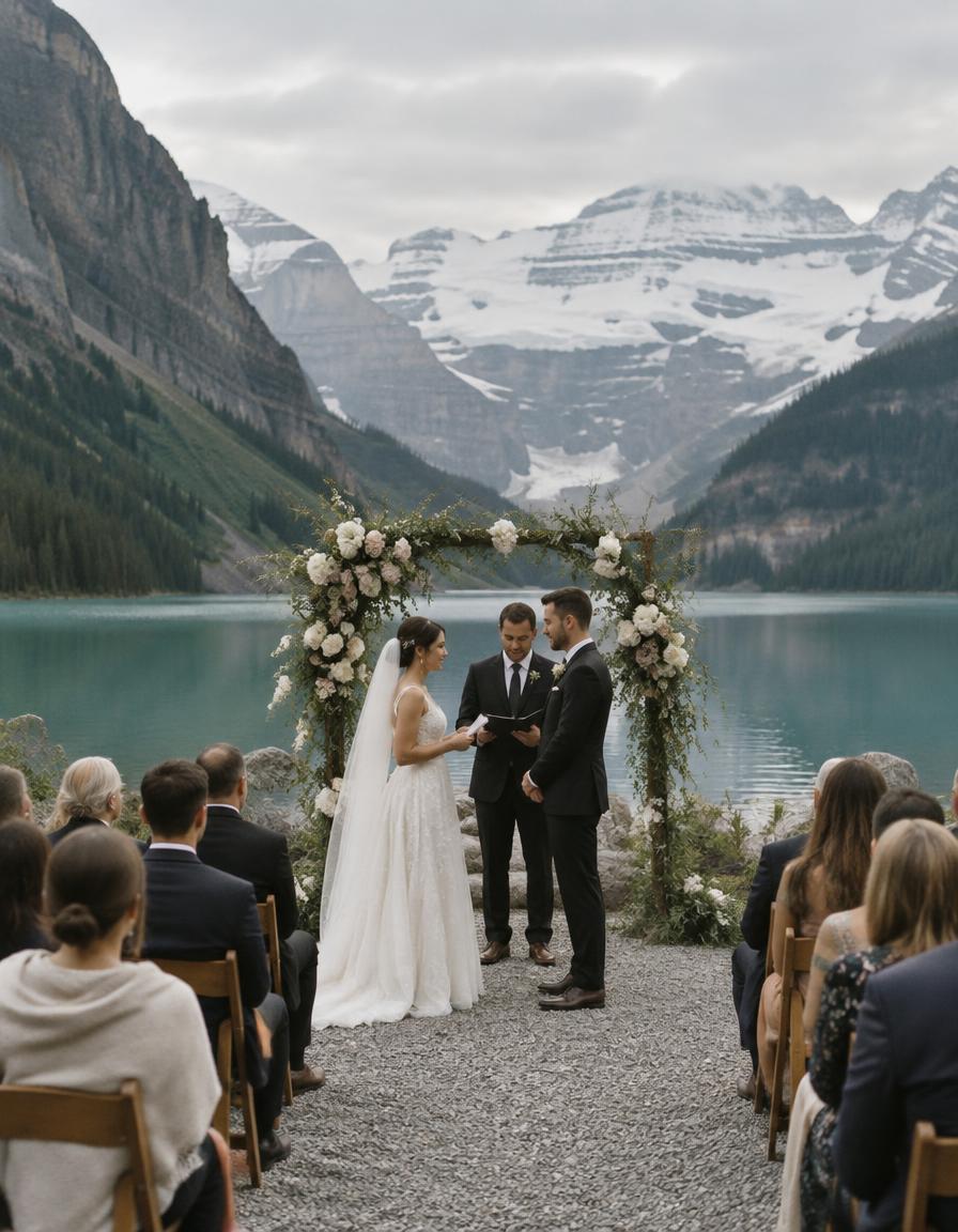 Couple exchanging vows beneath a floral arch at Lake Louise
