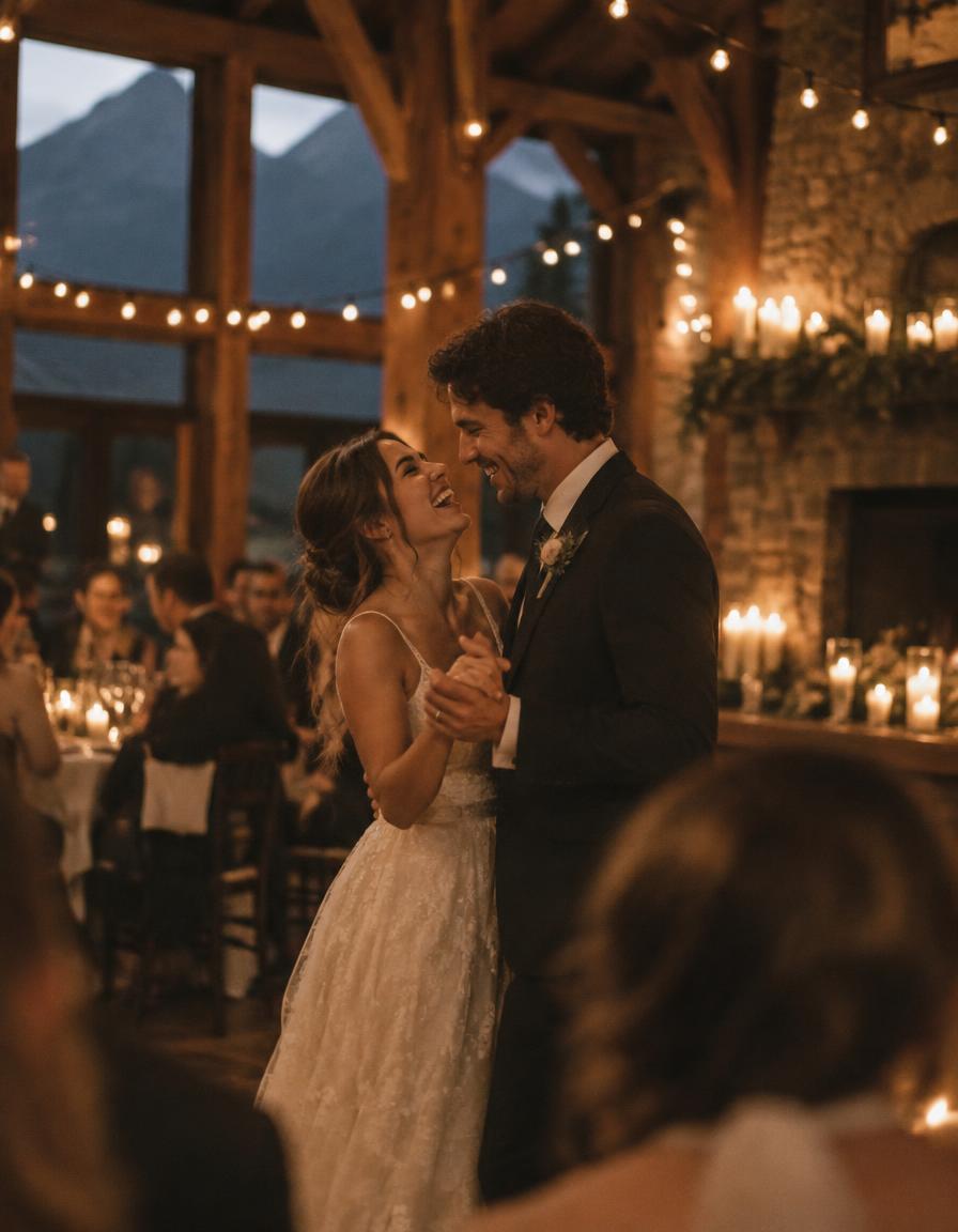 Newlyweds laughing during their first dance in a candlelit lodge