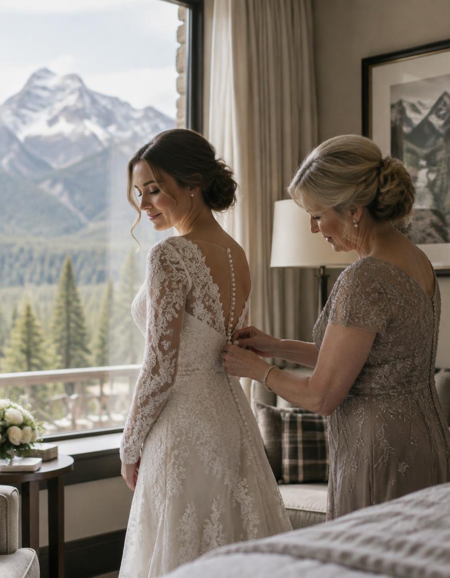 Mother buttoning the bride's lace gown by a mountain-view window