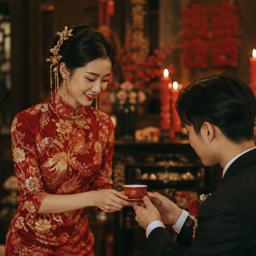 Chinese bride in a red embroidered qipao serving tea in a candlelit room