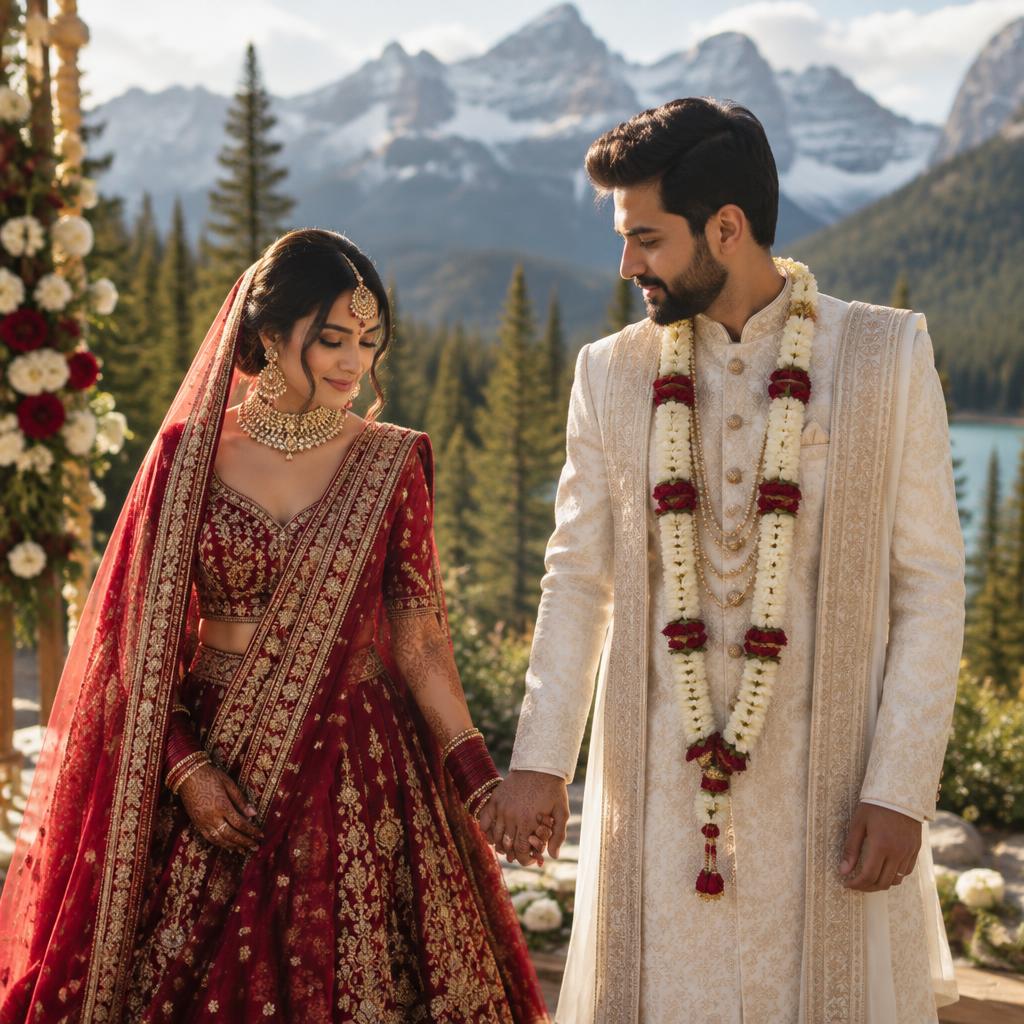Indian bride in a red and gold lehenga and groom in a sherwani at a mountain ceremony