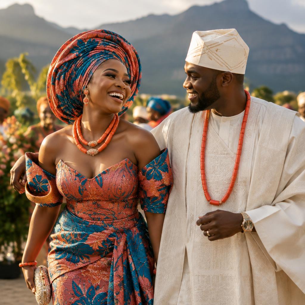Nigerian couple in vibrant gele and aso-ebi attire celebrating outdoors